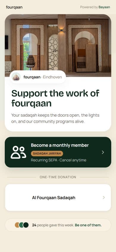Al Fourqaan mobile donation page showing the mosque, monthly support, and campaign link.